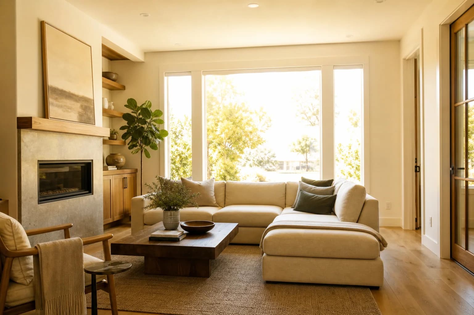 Synthetic real-estate living room used to demonstrate visual QA findings